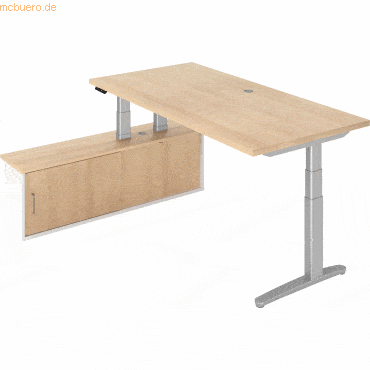mcbuero.de Sitz-Stehtisch 200x100x65/130cm + Sideboard Eiche/Silber