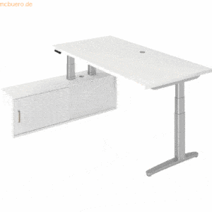 mcbuero.de Sitz-Stehtisch 200x100x65/130cm + Sideboard Weiß/Silber