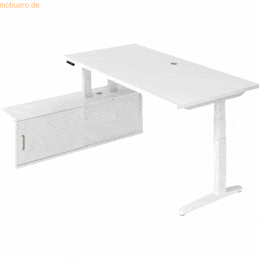 mcbuero.de Sitz-Stehtisch 200x100x65/130cm + Sideboard Weiß/Weiß